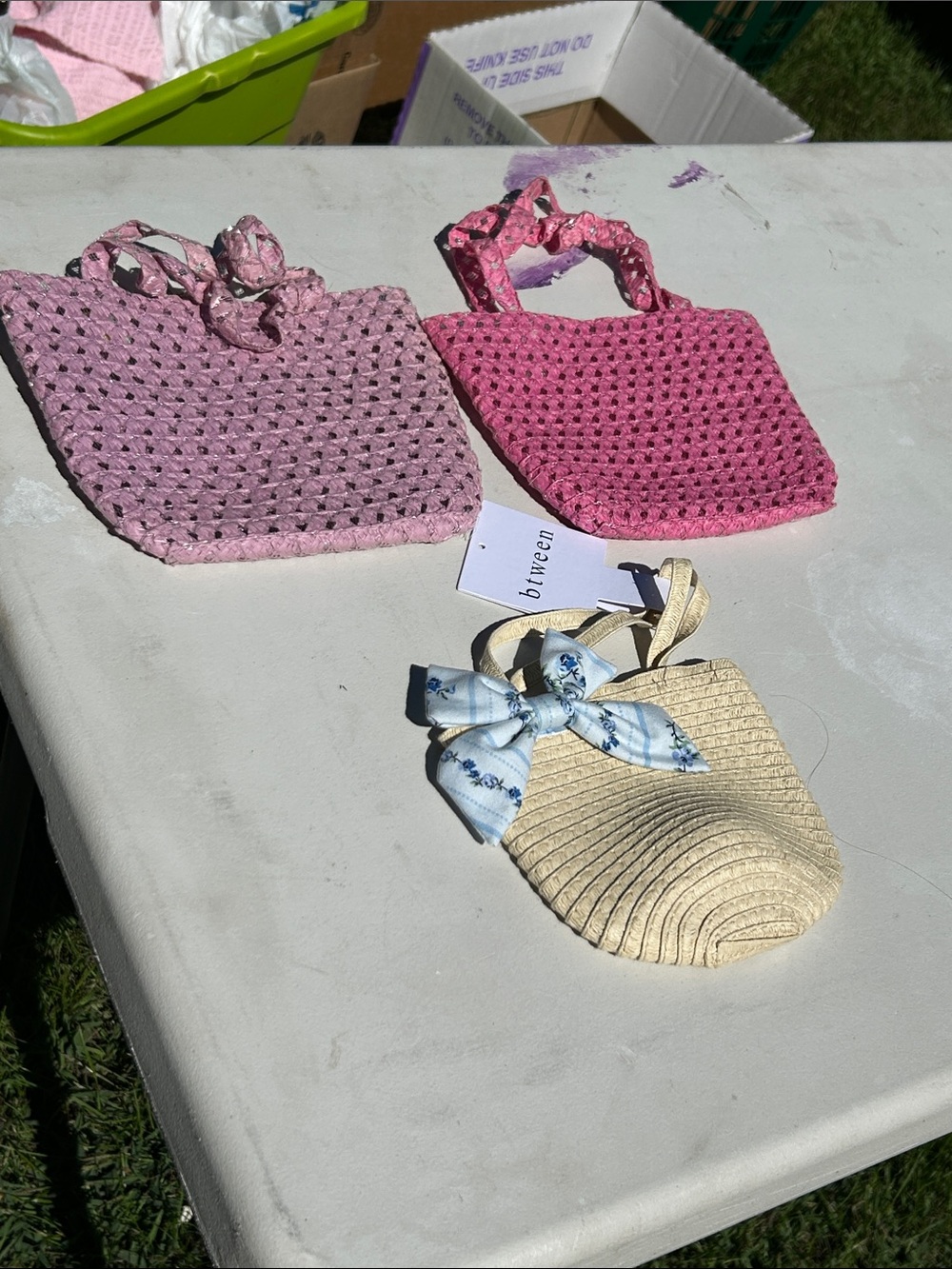 Kids Woven Straw Bag with Blue Bow - Pink & Cream Options Bundle of 3 Bags NWOT